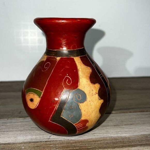 Vintage Terra Cotta Costa Rica Etched Pottery Vase Ceramic Hand Made Red Clay - Picture 4 of 8